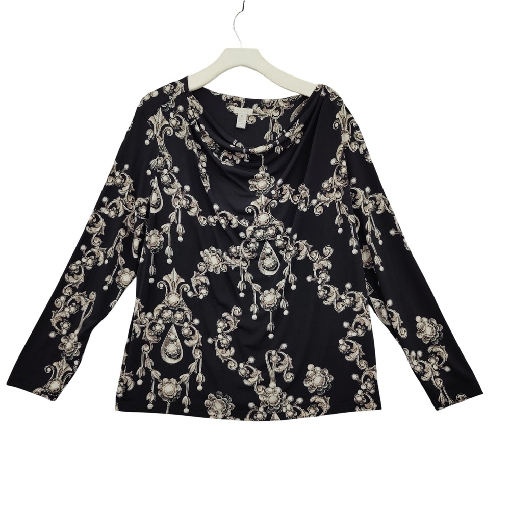 Chicos Womens Baroque Regencycore Cowl Neck Top 3 XL Black Ornate Chandelier